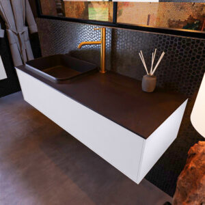 MONDIAZ ERIN 120cm badmeubel onderkast kleur Cale met 1 lade. Wastafel RIDGE links 1 kraangat kleur Urban.