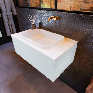 MONDIAZ ERIN 80cm badmeubel onderkast kleur Clay met 1 lade. Wastafel RIDGE midden 0 kraangaten kleur Talc.