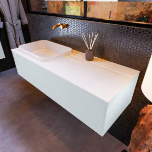 MONDIAZ ERIN 120cm badmeubel onderkast kleur Clay met 1 lade. Wastafel RIDGE links 0 kraangaten kleur Talc.