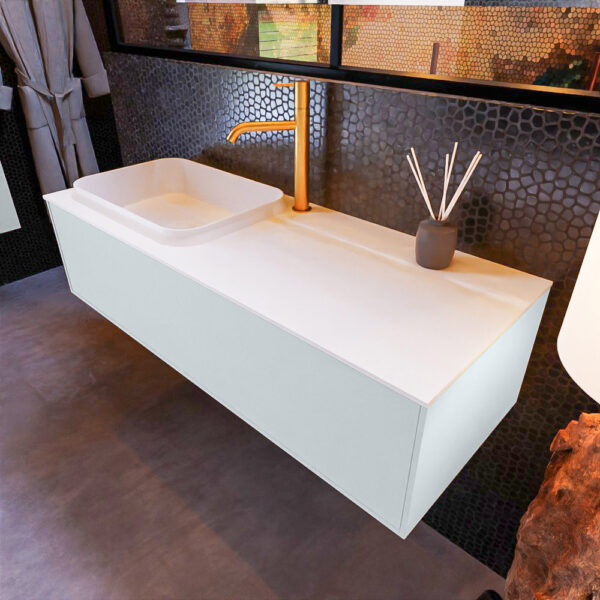 MONDIAZ ERIN 120cm badmeubel onderkast kleur Clay met 1 lade. Wastafel RIDGE links 1 kraangat kleur Talc.