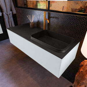 MONDIAZ ERIN 120cm badmeubel onderkast kleur Clay met 1 lade. Wastafel RIDGE rechts 1 kraangat kleur Urban.