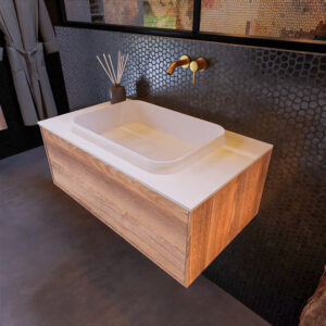 MONDIAZ ERIN 80cm badmeubel onderkast kleur Dark_brown_grey met 1 lade. Wastafel RIDGE midden 0 kraangaten kleur Talc.