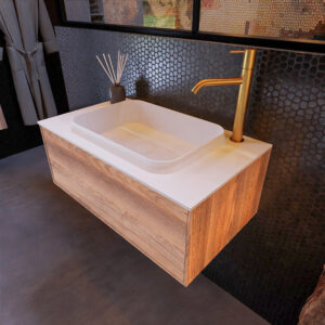 MONDIAZ ERIN 80cm badmeubel onderkast kleur Dark_brown_grey met 1 lade. Wastafel RIDGE midden 1 kraangat kleur Talc.