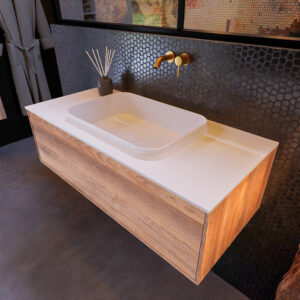MONDIAZ ERIN 100cm badmeubel onderkast kleur Dark_brown_grey met 1 lade. Wastafel RIDGE midden 0 kraangaten kleur Talc.