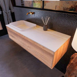 MONDIAZ ERIN 120cm badmeubel onderkast kleur Dark_brown_grey met 1 lade. Wastafel RIDGE links 0 kraangaten kleur Talc.