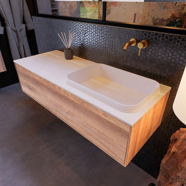 MONDIAZ ERIN 120cm badmeubel onderkast kleur Dark_brown_grey met 1 lade. Wastafel RIDGE rechts 0 kraangaten kleur Talc.