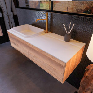 MONDIAZ ERIN 120cm badmeubel onderkast kleur Dark_brown_grey met 1 lade. Wastafel RIDGE links 1 kraangat kleur Talc.