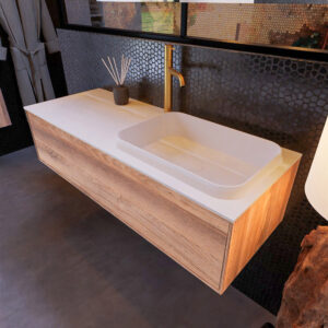 MONDIAZ ERIN 120cm badmeubel onderkast kleur Dark_brown_grey met 1 lade. Wastafel RIDGE rechts 1 kraangat kleur Talc.