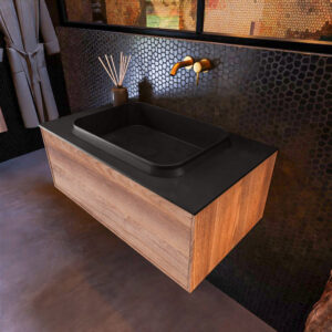 MONDIAZ ERIN 80cm badmeubel onderkast kleur Dark_brown_grey met 1 lade. Wastafel RIDGE midden 0 kraangaten kleur Urban.