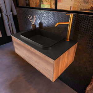 MONDIAZ ERIN 80cm badmeubel onderkast kleur Dark_brown_grey met 1 lade. Wastafel RIDGE midden 1 kraangat kleur Urban.