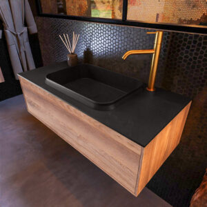 MONDIAZ ERIN 100cm badmeubel onderkast kleur Dark_brown_grey met 1 lade. Wastafel RIDGE midden 1 kraangat kleur Urban.