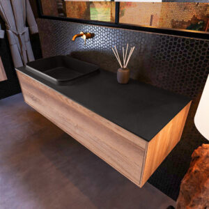 MONDIAZ ERIN 120cm badmeubel onderkast kleur Dark_brown_grey met 1 lade. Wastafel RIDGE links 0 kraangaten kleur Urban.