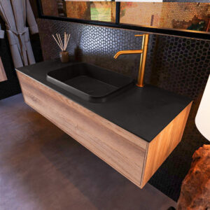 MONDIAZ ERIN 120cm badmeubel onderkast kleur Dark_brown_grey met 1 lade. Wastafel RIDGE midden 1 kraangat kleur Urban.