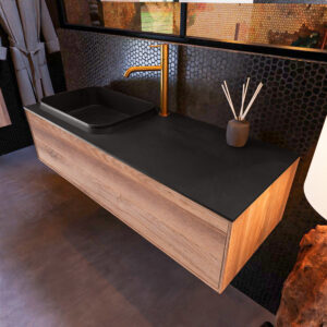 MONDIAZ ERIN 120cm badmeubel onderkast kleur Dark_brown_grey met 1 lade. Wastafel RIDGE links 1 kraangat kleur Urban.