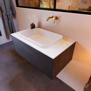 MONDIAZ ERIN 80cm badmeubel onderkast kleur Dark_brown met 1 lade. Wastafel RIDGE midden 0 kraangaten kleur Talc.