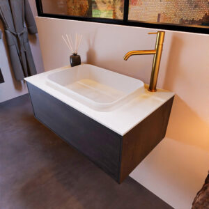 MONDIAZ ERIN 80cm badmeubel onderkast kleur Dark_brown met 1 lade. Wastafel RIDGE midden 1 kraangat kleur Talc.