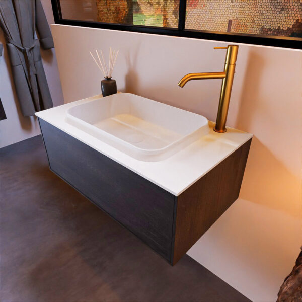 MONDIAZ ERIN 80cm badmeubel onderkast kleur Dark_brown met 1 lade. Wastafel RIDGE midden 1 kraangat kleur Talc.