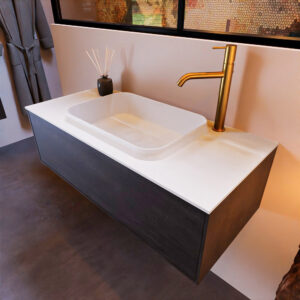 MONDIAZ ERIN 100cm badmeubel onderkast kleur Dark_brown met 1 lade. Wastafel RIDGE midden 1 kraangat kleur Talc.
