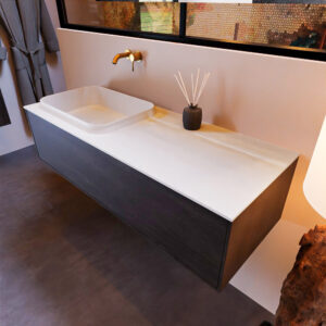 MONDIAZ ERIN 120cm badmeubel onderkast kleur Dark_brown met 1 lade. Wastafel RIDGE links 0 kraangaten kleur Talc.