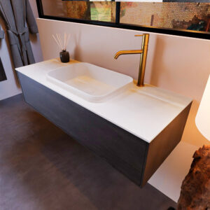MONDIAZ ERIN 120cm badmeubel onderkast kleur Dark_brown met 1 lade. Wastafel RIDGE midden 1 kraangat kleur Talc.