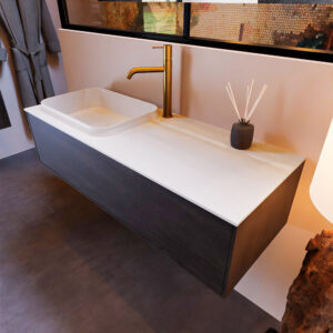 MONDIAZ ERIN 120cm badmeubel onderkast kleur Dark_brown met 1 lade. Wastafel RIDGE links 1 kraangat kleur Talc.