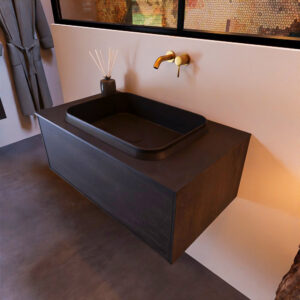 MONDIAZ ERIN 80cm badmeubel onderkast kleur Dark_brown met 1 lade. Wastafel RIDGE midden 0 kraangaten kleur Urban.