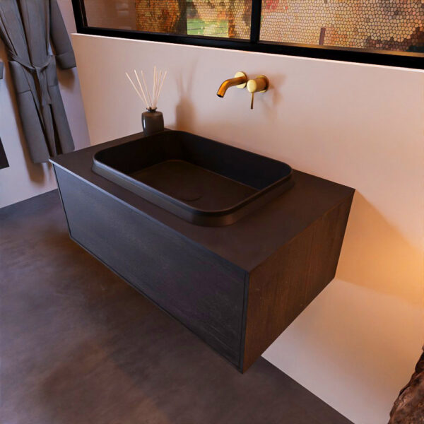 MONDIAZ ERIN 80cm badmeubel onderkast kleur Dark_brown met 1 lade. Wastafel RIDGE midden 0 kraangaten kleur Urban.
