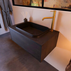 MONDIAZ ERIN 80cm badmeubel onderkast kleur Dark_brown met 1 lade. Wastafel RIDGE midden 1 kraangat kleur Urban.