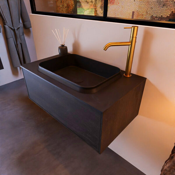 MONDIAZ ERIN 80cm badmeubel onderkast kleur Dark_brown met 1 lade. Wastafel RIDGE midden 1 kraangat kleur Urban.