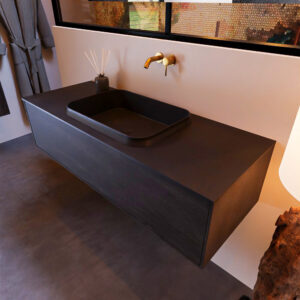 MONDIAZ ERIN 120cm badmeubel onderkast kleur Dark_brown met 1 lade. Wastafel RIDGE midden 0 kraangaten kleur Urban.