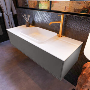 MONDIAZ ERIN 120cm badmeubel onderkast kleur Dark_grey met 1 lade. Wastafel RIDGE midden 1 kraangat kleur Talc.