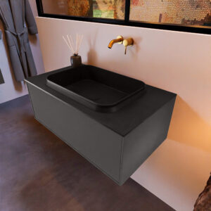 MONDIAZ ERIN 80cm badmeubel onderkast kleur Dark_grey met 1 lade. Wastafel RIDGE midden 0 kraangaten kleur Urban.