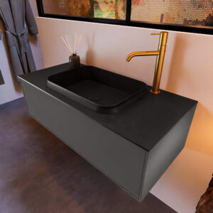 MONDIAZ ERIN 100cm badmeubel onderkast kleur Dark_grey met 1 lade. Wastafel RIDGE midden 1 kraangat kleur Urban.