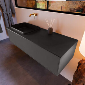MONDIAZ ERIN 120cm badmeubel onderkast kleur Dark_grey met 1 lade. Wastafel RIDGE links 0 kraangaten kleur Urban.
