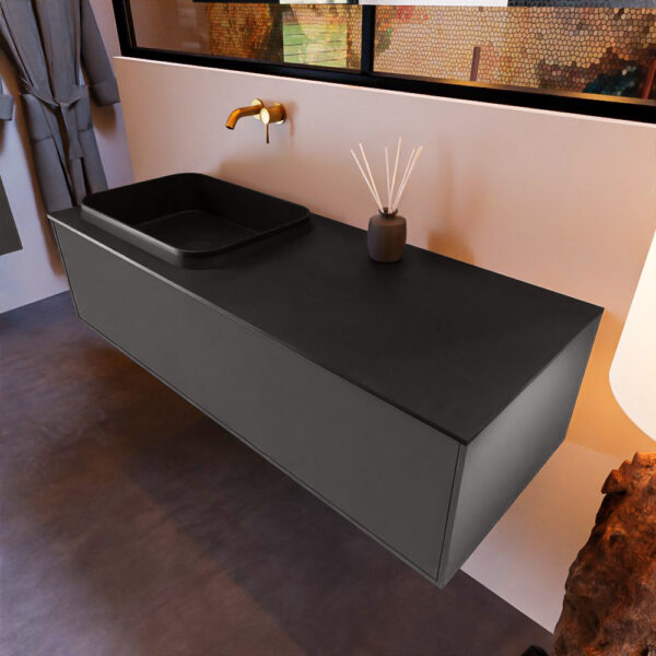 MONDIAZ ERIN 120cm badmeubel onderkast kleur Dark_grey met 1 lade. Wastafel RIDGE links 0 kraangaten kleur Urban.