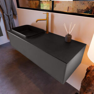 MONDIAZ ERIN 120cm badmeubel onderkast kleur Dark_grey met 1 lade. Wastafel RIDGE links 1 kraangat kleur Urban.