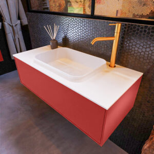 MONDIAZ ERIN 100cm badmeubel onderkast kleur Fire met 1 lade. Wastafel RIDGE midden 1 kraangat kleur Talc.