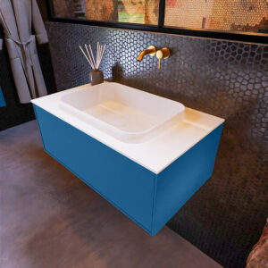MONDIAZ ERIN 80cm badmeubel onderkast kleur Jeans met 1 lade. Wastafel RIDGE midden 0 kraangaten kleur Talc.