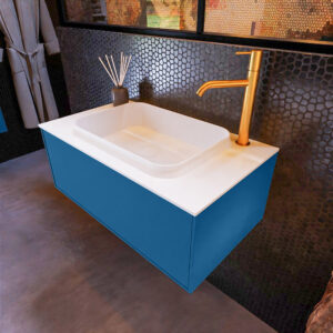 MONDIAZ ERIN 80cm badmeubel onderkast kleur Jeans met 1 lade. Wastafel RIDGE midden 1 kraangat kleur Talc.