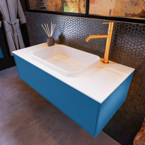 MONDIAZ ERIN 100cm badmeubel onderkast kleur Jeans met 1 lade. Wastafel RIDGE midden 1 kraangat kleur Talc.