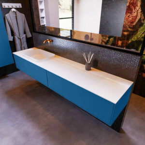 MONDIAZ ERIN 200cm badmeubel onderkast kleur Jeans met 2 lades. Wastafel RIDGE links 0 kraangaten kleur Talc.
