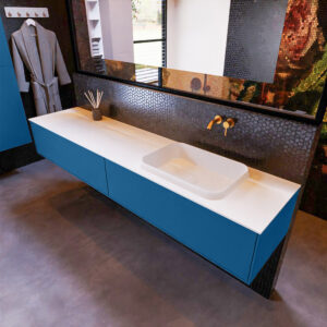 MONDIAZ ERIN 200cm badmeubel onderkast kleur Jeans met 2 lades. Wastafel RIDGE rechts 0 kraangaten kleur Talc.