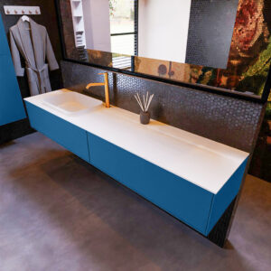 MONDIAZ ERIN 200cm badmeubel onderkast kleur Jeans met 2 lades. Wastafel RIDGE links 1 kraangat kleur Talc.