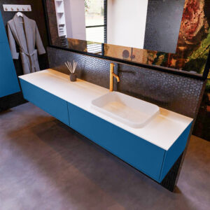 MONDIAZ ERIN 200cm badmeubel onderkast kleur Jeans met 2 lades. Wastafel RIDGE rechts 1 kraangat kleur Talc.