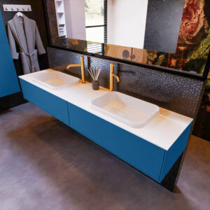 MONDIAZ ERIN 200cm badmeubel onderkast kleur Jeans met 2 lades. Wastafel RIDGE dubbel 2 kraangaten kleur Talc.