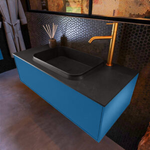 MONDIAZ ERIN 100cm badmeubel onderkast kleur Jeans met 1 lade. Wastafel RIDGE midden 1 kraangat kleur Urban.