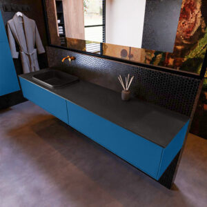 MONDIAZ ERIN 200cm badmeubel onderkast kleur Jeans met 2 lades. Wastafel RIDGE links 0 kraangaten kleur Urban.