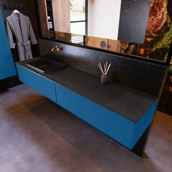 MONDIAZ ERIN 200cm badmeubel onderkast kleur Jeans met 2 lades. Wastafel RIDGE links 0 kraangaten kleur Urban.