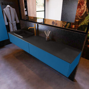 MONDIAZ ERIN 200cm badmeubel onderkast kleur Jeans met 2 lades. Wastafel RIDGE links 1 kraangat kleur Urban.