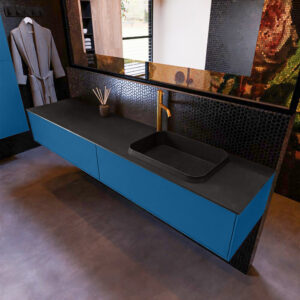 MONDIAZ ERIN 200cm badmeubel onderkast kleur Jeans met 2 lades. Wastafel RIDGE rechts 1 kraangat kleur Urban.